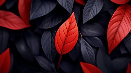 Wall Mural - Red Leaf Abstract: A single vibrant red leaf stands out amidst a backdrop of deep green foliage, creating an abstract and eye-catching visual composition.