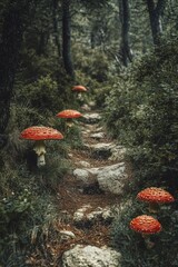 Canvas Print - Wooden Path with Red Mushrooms