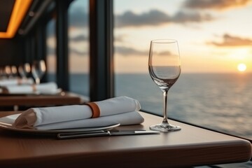 Elegant and luxurious cruise ship dining room with floor to ceiling windows offering breathtaking panoramic views of the ocean and sunset