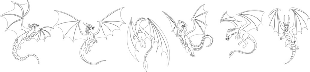 Wall Mural - dragons flying set sketch on white background vector