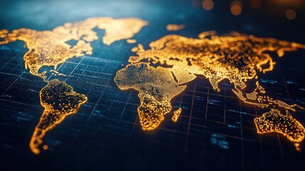 world map showing glowing continents on a digital background, representing global connectivity, tech