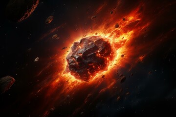 Wall Mural - Asteroid exploding in space with fire and debris creating a dramatic cosmic event