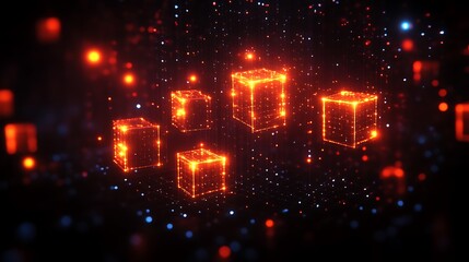 Glowing Cubes Float in a Dark Digital Space