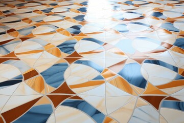 Wall Mural - Floor featuring glossy ceramic tiles arranged in a captivating geometric pattern, reflecting light and adding a touch of elegance