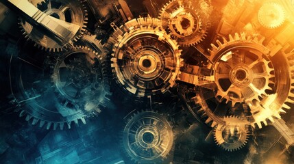 Wall Mural - Abstract digital artwork of interconnected gears and mechanisms, symbolizing innovation and industrial progress, Industrial scene