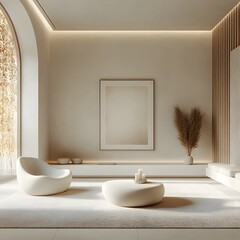 Wall Mural - modern white room featuring mockup frame on the wall surrounded by smooth contemporary furniture and