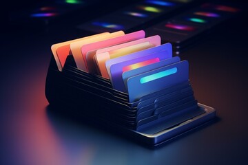 Wall Mural - colorful data cards glowing inside a futuristic server rack in a dark environment, suggesting advanc