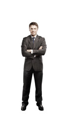 Poster - Confident businessman in a pinstriped suit posing with arms crossed, isolated on a clean white background. Professional corporate concept