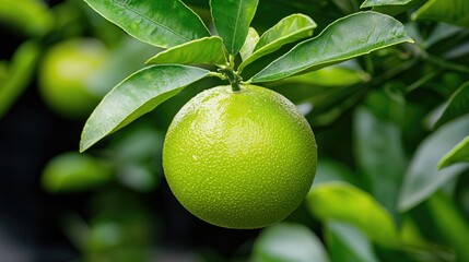 green citrus fruit on tree branch, orchard background, fresh harvest
