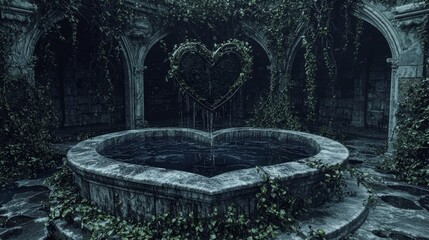 Wall Mural - Mysterious Decaying Fountain Surrounded by Lush Greenery in Courtyard