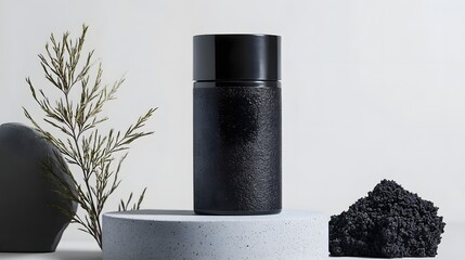 Aufkleber - Minimalist monochrome still life arrangement featuring a black ceramic vase with a natural plant branch and leaf against a dark textured background with soft shadows and clean contemporary aesthetic