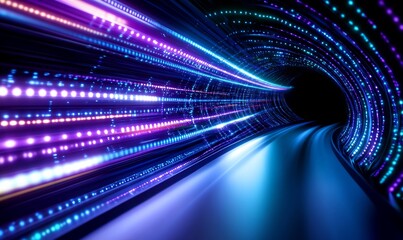 Futuristic data tunnel, digital speed, glowing lights, abstract background, tech concept