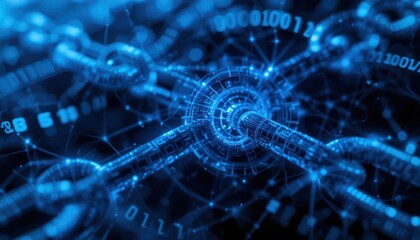 Secure digital network link, binary code background, data protection concept