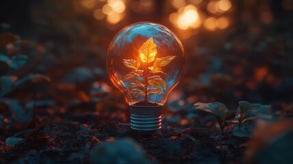 Wall Mural - Plant sprouting in lightbulb, forest night, growth, eco