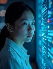 young woman observing digital data streams
