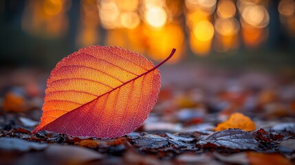 Autumn leaf on forest floor, sunset bokeh. Nature photography for website, calendar, or print