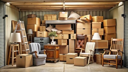 A cluttered storage unit filled with old furniture and boxes of varying sizes, some partially open and others sealed tightly , attic or basement contents, home organization