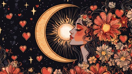 Folklore-styled Moon tarot card overlaid with Valentine's Day hearts, animated glowing effects, vivid Tetradic scheme, stylized flat art with intricate detailing