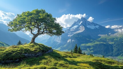 Wall Mural - Lone tree, alpine meadow, mountain backdrop, sunny day, travel poster