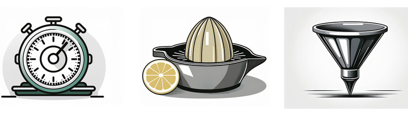 Poster - Stopwatch, lemon juicer, and funnel icons; simple kitchen utensil illustrations.