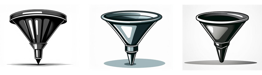 Poster - Three grayscale icons depicting various kitchen utensils shaped like funnels with pointed bases.  They are simple, yet detailed illustrations.
