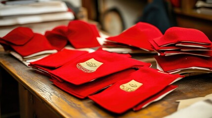 Wall Mural - A neatly arranged tailor's table with Fez hat patterns, red felt, and gold embroidery thread.