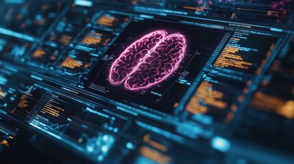 Digital brain displayed on futuristic screen, code background, AI concept