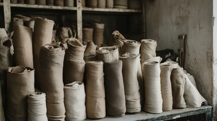 Wall Mural - A variety of khadi fabric rolls in natural earthy tones arranged in a tailor's workshop.