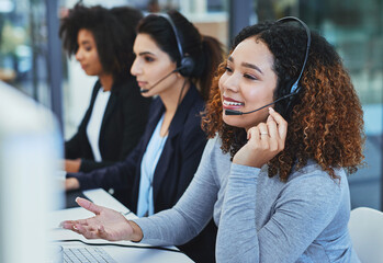 Poster - Customer support, call center and happy woman on computer in office for talking, communication and consulting. Business, virtual assistant and person for contact, crm service and online receptionist