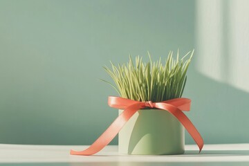 Wall Mural - Minimalistic Green Grass Pot Decorated With a Red Ribbon on a White Surface Under Soft Natural Light