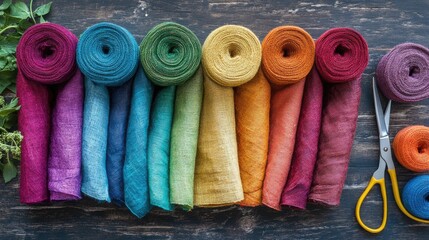 Wall Mural - Rolled-up khadi fabric pieces in different shades, with scissors and sewing tools beside them.