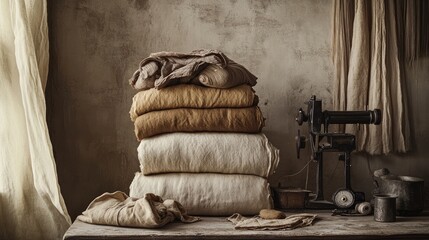 Wall Mural - Stacked khadi fabric pieces in different earthy tones, arranged for tailoring, with soft lighting and a vintage sewing setup.