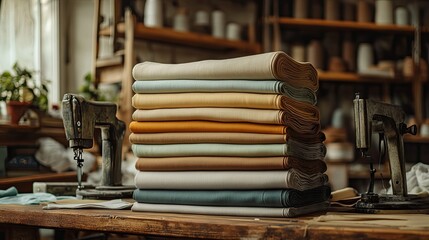 Wall Mural - Stacked khadi fabric pieces in different earthy tones, arranged for tailoring, with soft lighting and a vintage sewing setup.