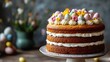 © muhammad - A festive Easter cake decorated with fresh flowers, icing, and colorful sprinkles, set on a delicate cake stand.