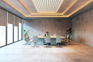 Wall Mural - Modern conference room interior with a large table, chairs, and plants, featuring concrete walls and city view through large windows. 3D Rendering