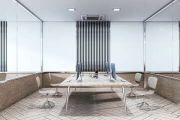 Wall Mural - Modern office interior with wooden desk, chairs, and computers on a wooden floor. 3D Rendering