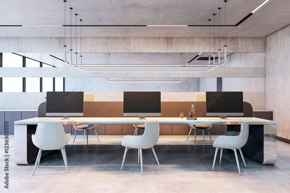 Modern corporate office interior with desks and chairs in a minimalist ...