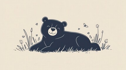 Wall Mural - Cute Cartoon Bear Relaxing in a Meadow Surrounded by Flowers