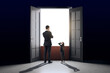 © Who is Danny - Businesspeople standing in front of open doors with light beyond, symbolizing opportunity and challenges.