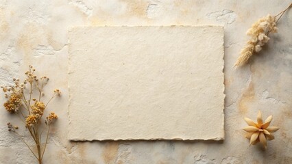 Poster - Blank Paper Sheet with Dried Flowers and Plants on a Light Beige Textured Background