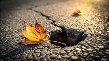 Aufkleber - A single autumn leaf rests delicately on a cracked asphalt surface, bathed in the warm glow of the setting sun.