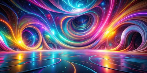 Aufkleber - A luminous cosmic dreamscape with swirling bands of light, a celestial horizon, and a shimmering reflective surface