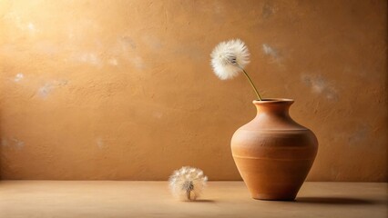 Poster - A single dandelion stands tall in a clay vase, its delicate seeds ready to scatter on the wind, symbolizing the ephemeral nature of beauty and the cyclical journey of life.