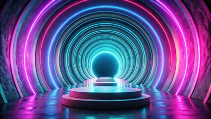 Leinwandbilder - A futuristic, neon-lit tunnel with glowing blue and pink circles, creating a surreal and immersive experience