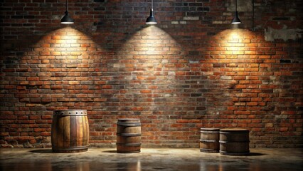 Aufkleber - Three Hanging Lights Illuminate Rustic Wooden Barrels Against a Weathered Brick Wall