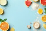 Citrus Fruits and Baking Ingredients on Blue Background