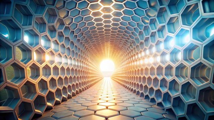 Leinwandbilder - Futuristic Hexagonal Tunnel Leading to a Bright Horizon