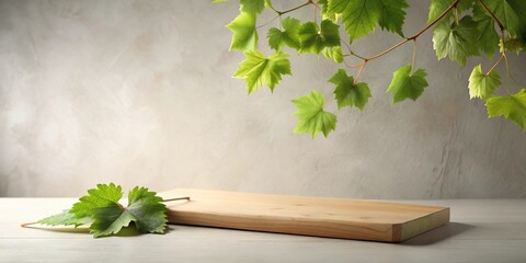 Aufkleber - A Rustic Wooden Board Set Against A Neutral Background With Lush Green Foliage Hanging Above