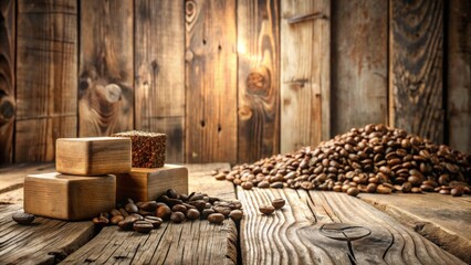 Aufkleber - A rustic wooden background with a pile of coffee beans and a stack of wooden blocks, showcasing a cozy and inviting atmosphere for a coffee break.