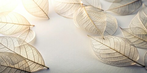 Aufkleber - Delicate Skeleton Leaves Arrange Themselves in a Gentle and Elegant Pattern on a Smooth White Surface